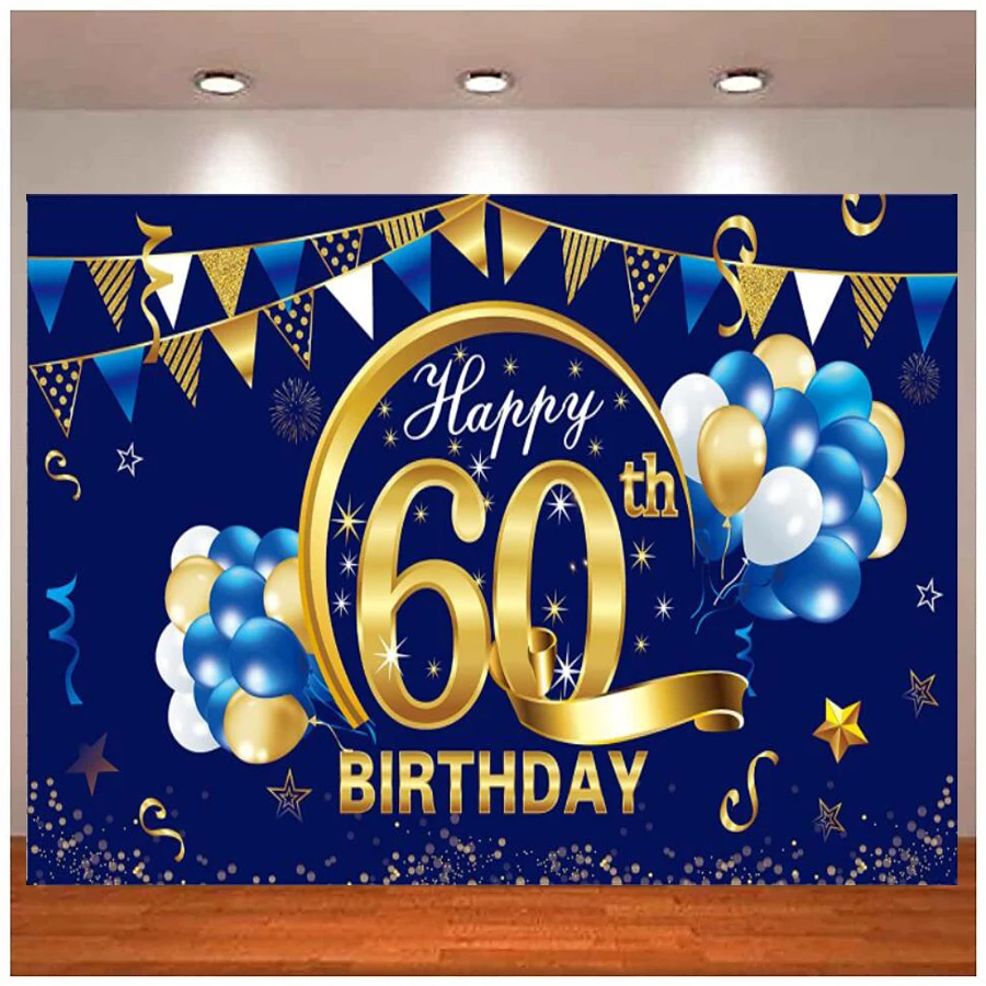 Photography Backdrop Blue Gold For Men 60th Birthday Party Banner Decorations Supplies Photo Background Sign Poster