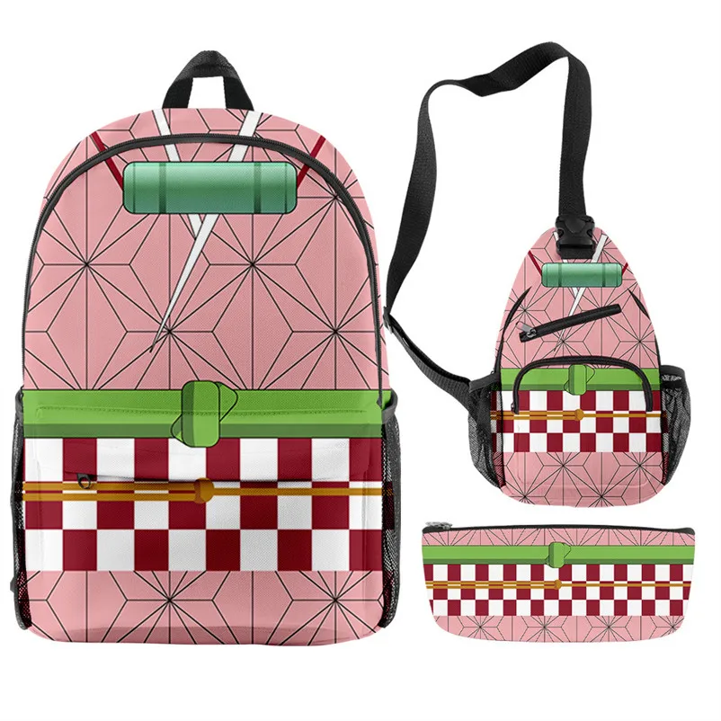 Harajuku Popular Anime Beauty Kpop Nezuko 3D Print 3pcs/Set pupil School Bags Travel Laptop Backpack Chest Bag Pencil Case