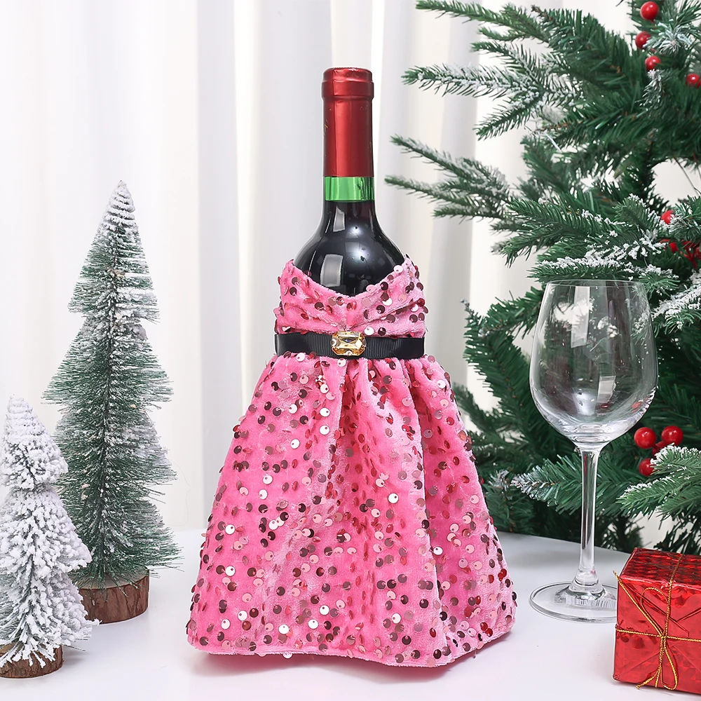 Glitter Wine Bottle Cover Red Dress Clothes Christmas Wine Bottle Bag Xmas New Year Party Dinner Table Decoration Gift Wholesale