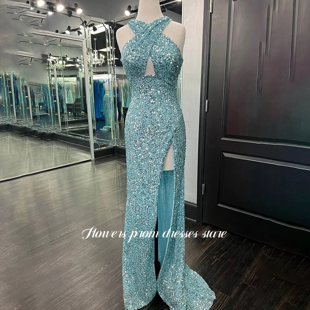 

Flowers Halter Party Gowns Mermaid Evening Gowns Sequined Prom Dress for Women Shiny vestidos de fiesta Customized