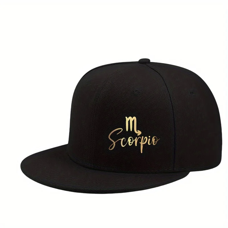 Woven Fabric.Scorpio Zodiac Sign Baseball Cap - Flat Brim Hat with Golden Script, Unisex Snapback Closure for Men & Women - Hip-