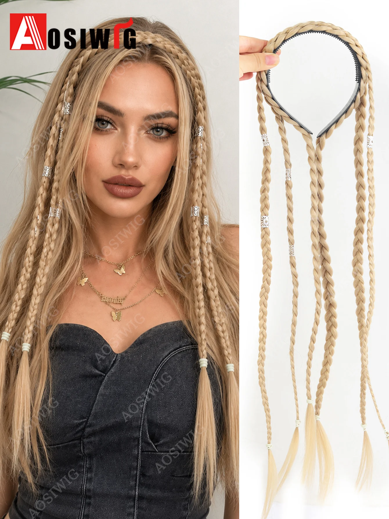 24 Inch Synthetic Boho Braided Headband Decorative Braids Hairpiece Elastic Non‑slip Hair Accessory for Festival Party Vacation`