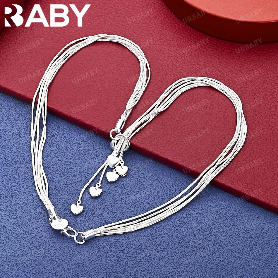 

URBABY 44cm 925 Sterling Silver Heart Tassel Snake Chain Necklace Wedding Engagement Party Jewelry Gifts