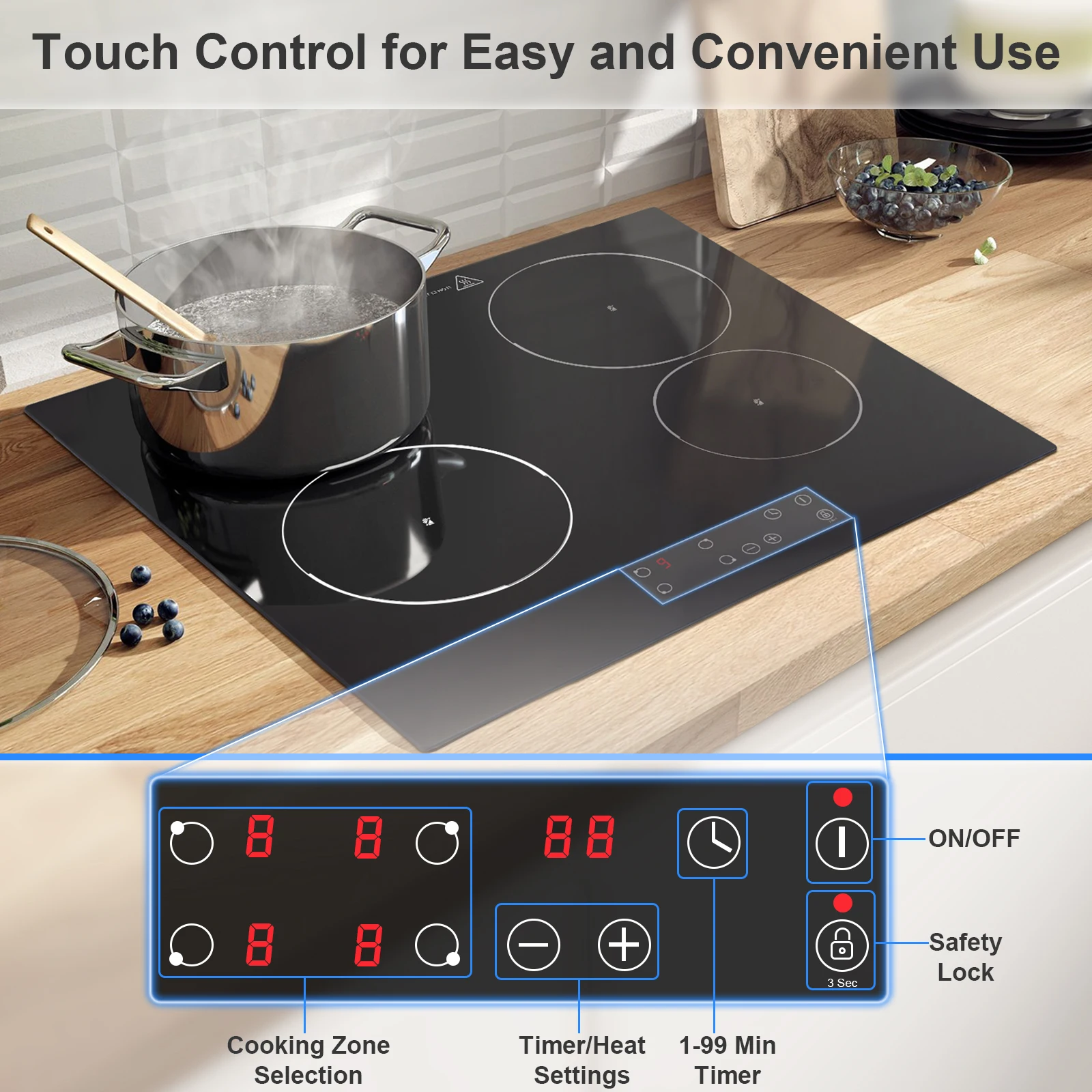 4-Zone Built-in Ceramic Hob 6000W 60cm Touch Control 9 Levels All Pots Compatible 1-99min Timer Residual heat alarm Child lock #5
