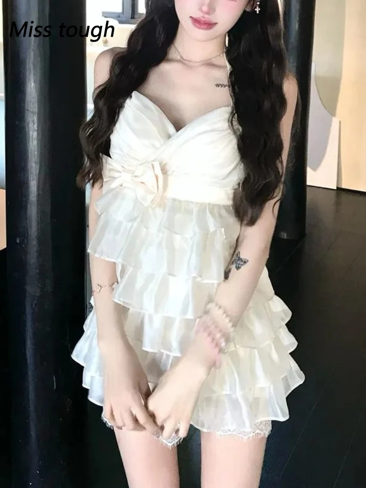 Vestido de fada halter feminino em camadas plissado mini vestido elegante arco renda estilo doce sem mangas saia branca verão roupa fina 2025