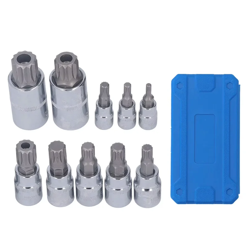 Professionnel 10 pièces XZN 12 points Triple carré cannelé Bit douilles ensemble inviolable avec étui Kit d'outils automobiles de haute qualité