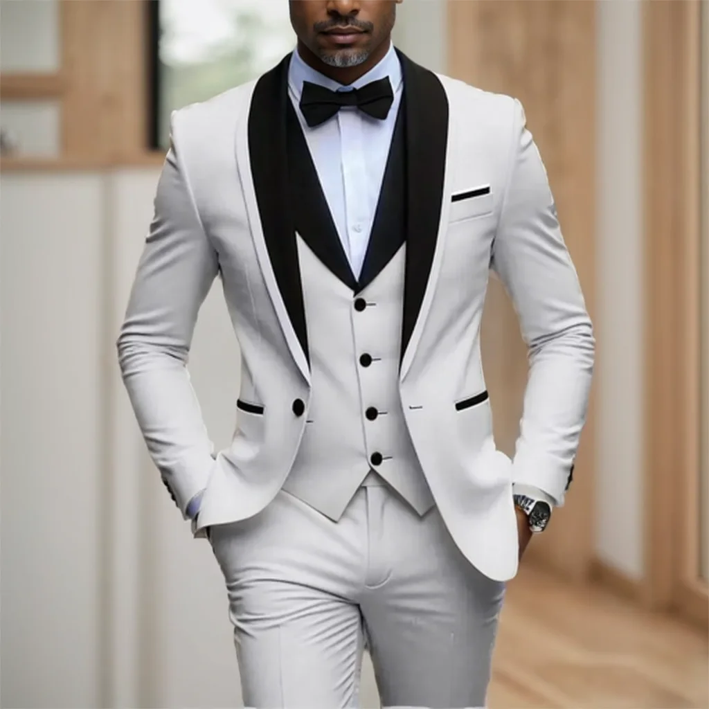 

Handsome White Men Suit Set 3 Pieces Tuxedos Men Dinner Suits Formal Elegant Wedding Suit Groomsmen Clothing Terno Masculino