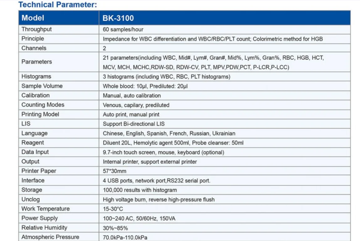 BK-3100 3 bagian mesin tes darah Cbc penganalisa hematologi otomatis dengan reagen