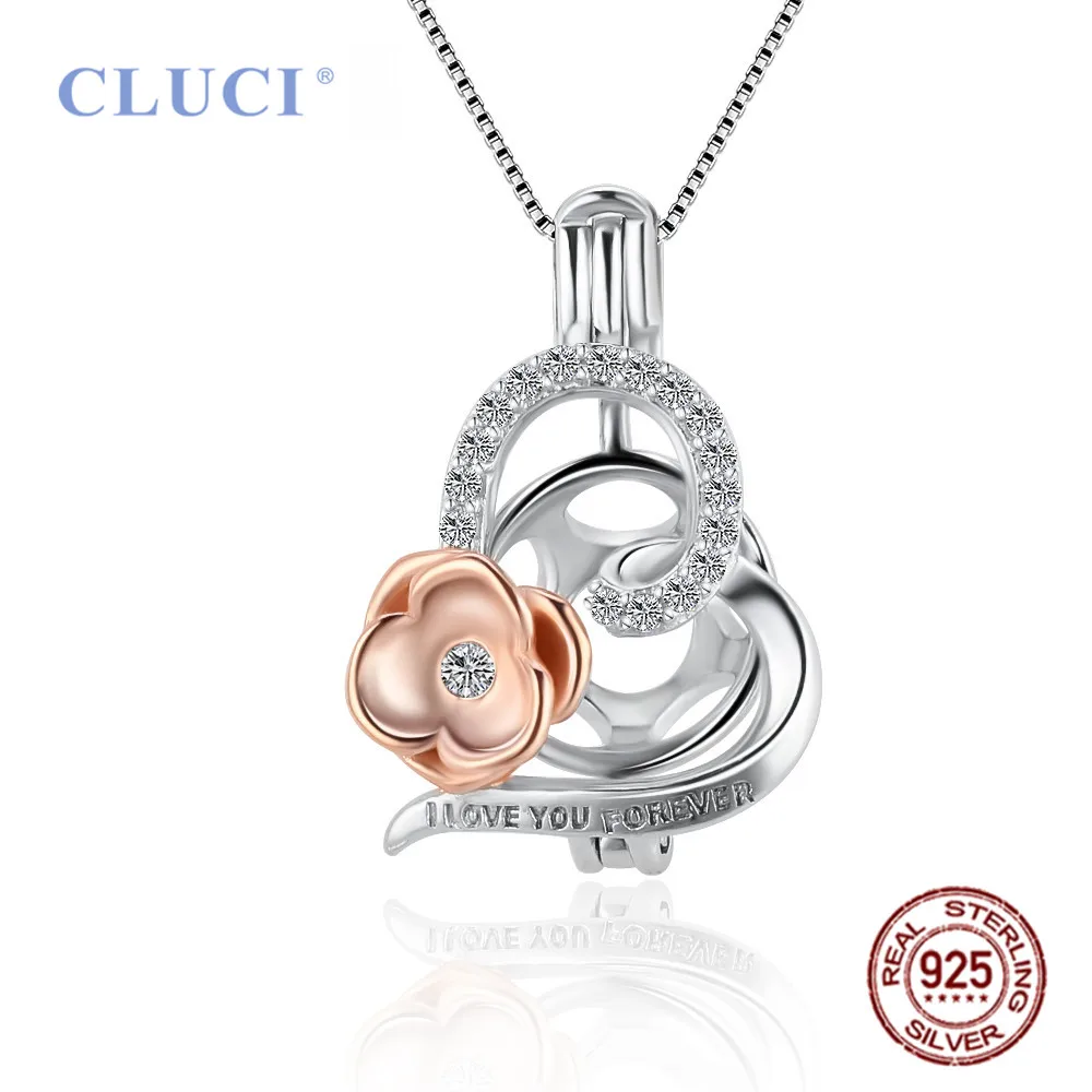 

CLUCI 3pcs Romantic Love Heart Rose Gold Girls Flower Pearl Charm DIY 925 Sterling Silver CZ Locket Cage Pendant SC458SB