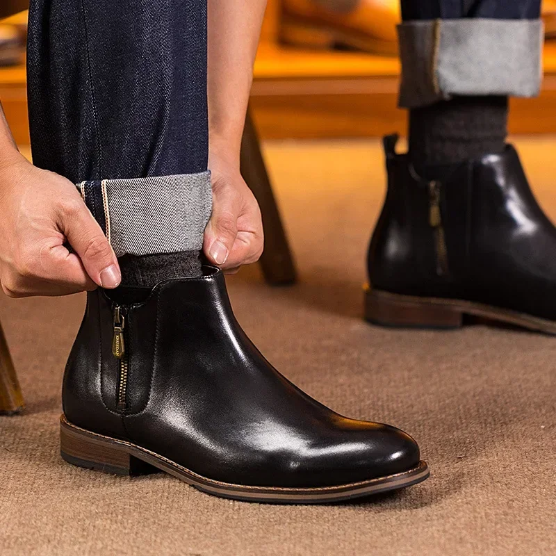 Real Cow Leather Mens Ankle Boots Luxury Handmade Genuine Leather British Style New Elegant Black Brown Chelsea Social Shoes Man