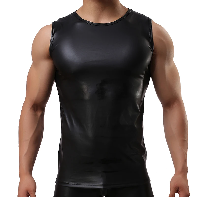 Mens Sexy PU Leather Tank Tops Sleeveless Shaping Sheath Stretch Shirts Soft Patent Leather T-shirts Sexy