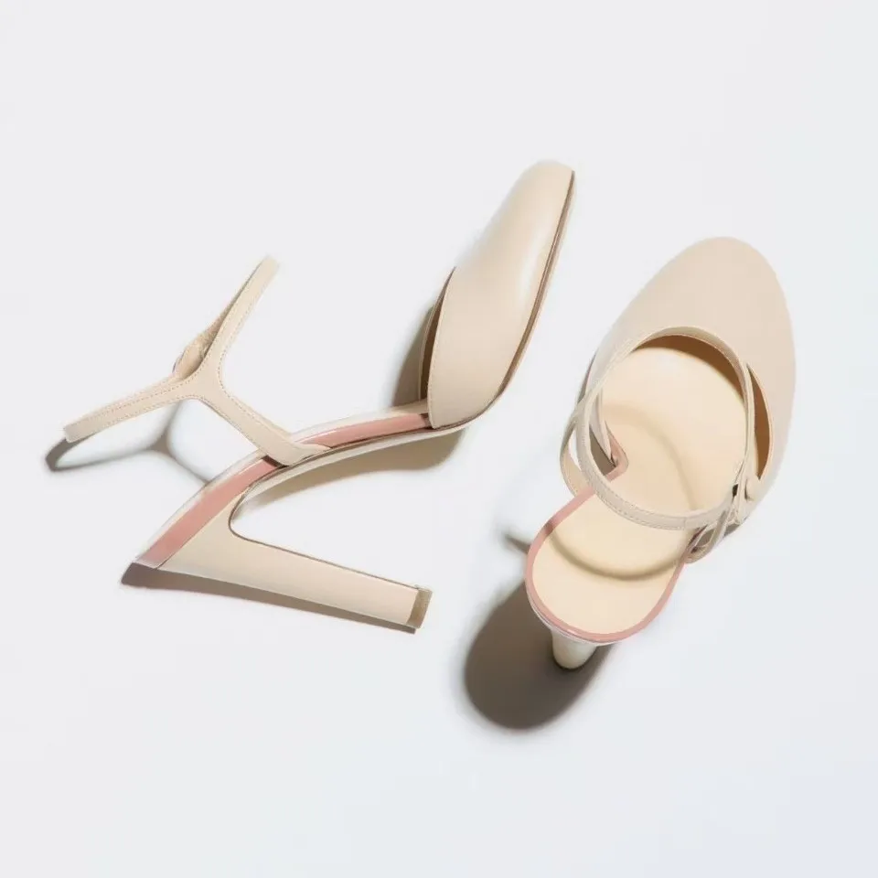 Women Nude T-Strap Slingback Pumps Round Toe Backless Column High Heels Pink Trim Dress Party Heel Shoes