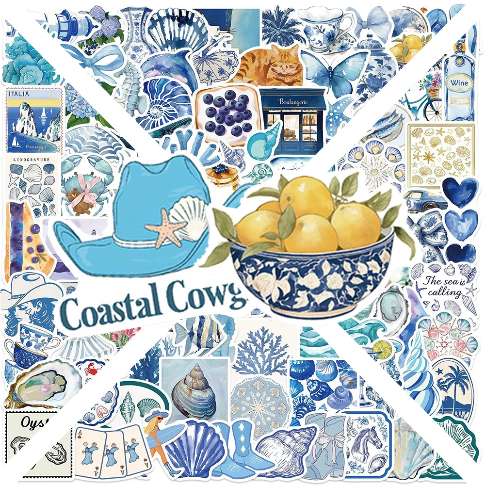 

10/30/50/100pcs Blue Coastal Life Cartoon Graffiti Stickers Cute Aesthetic DIY Helmet Suitcase Skateboard Waterproof Sticker Toy