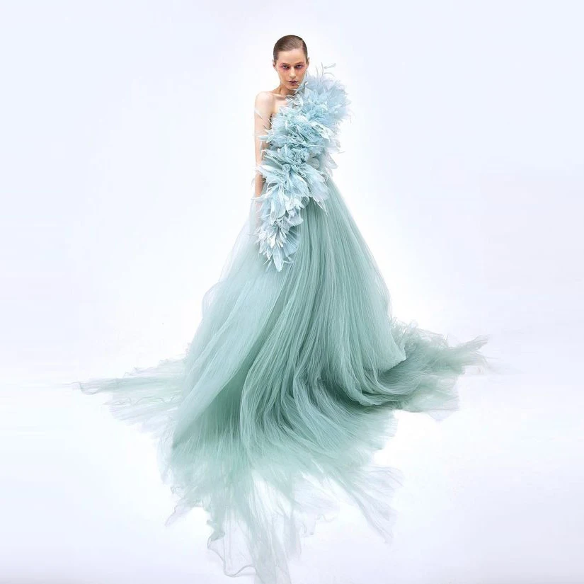 Fairy Moon Blue Tulle Party Dresses Feather vestido de noche Butterfly Prom Gowns One Shoulder Long Lush Formal Evening Gown