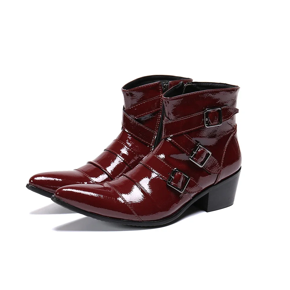 Patent Leather Red Black Buckle High Heels Pointed Toe Boots Male Fashion Party Wedding British Style Men Dress Shoes