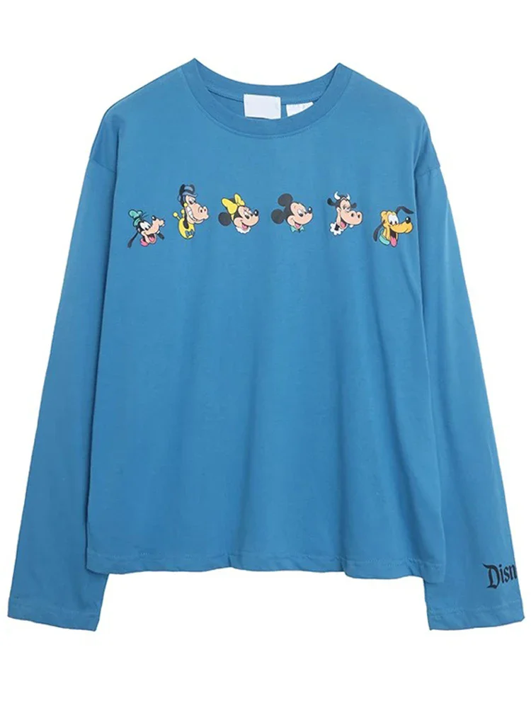 ديزني لاند والت ديزني العالم البلوز ميكي ماوس التطريز الكرتون تي شيرت مطبوع للجنسين زوجين المرأة طويلة الأكمام بلوزة مستديرة العنق