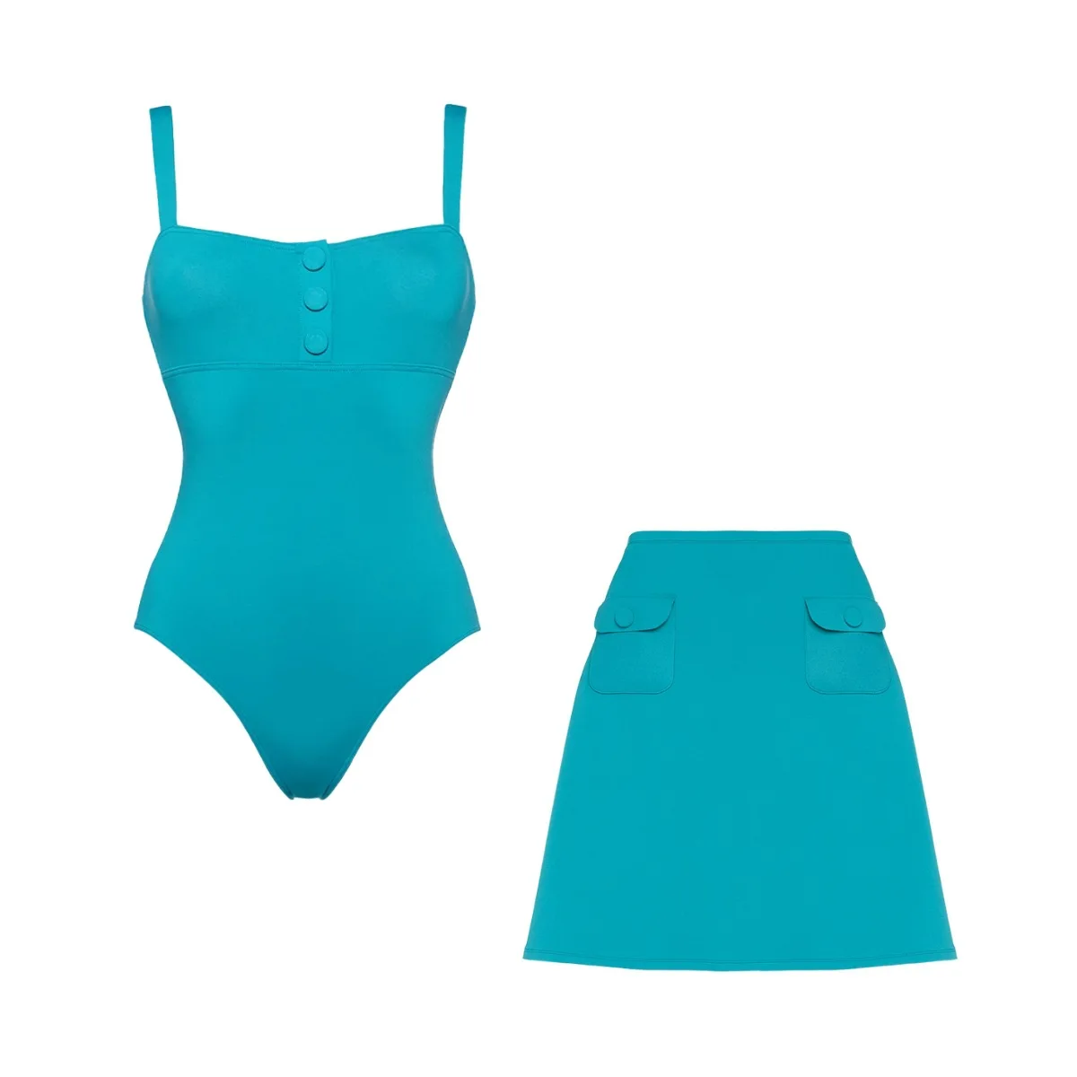 Lake Blue Square-Neck Button-Up One-Piece Swimsuit Two-Piece Set New Design for Hot Spring Resort