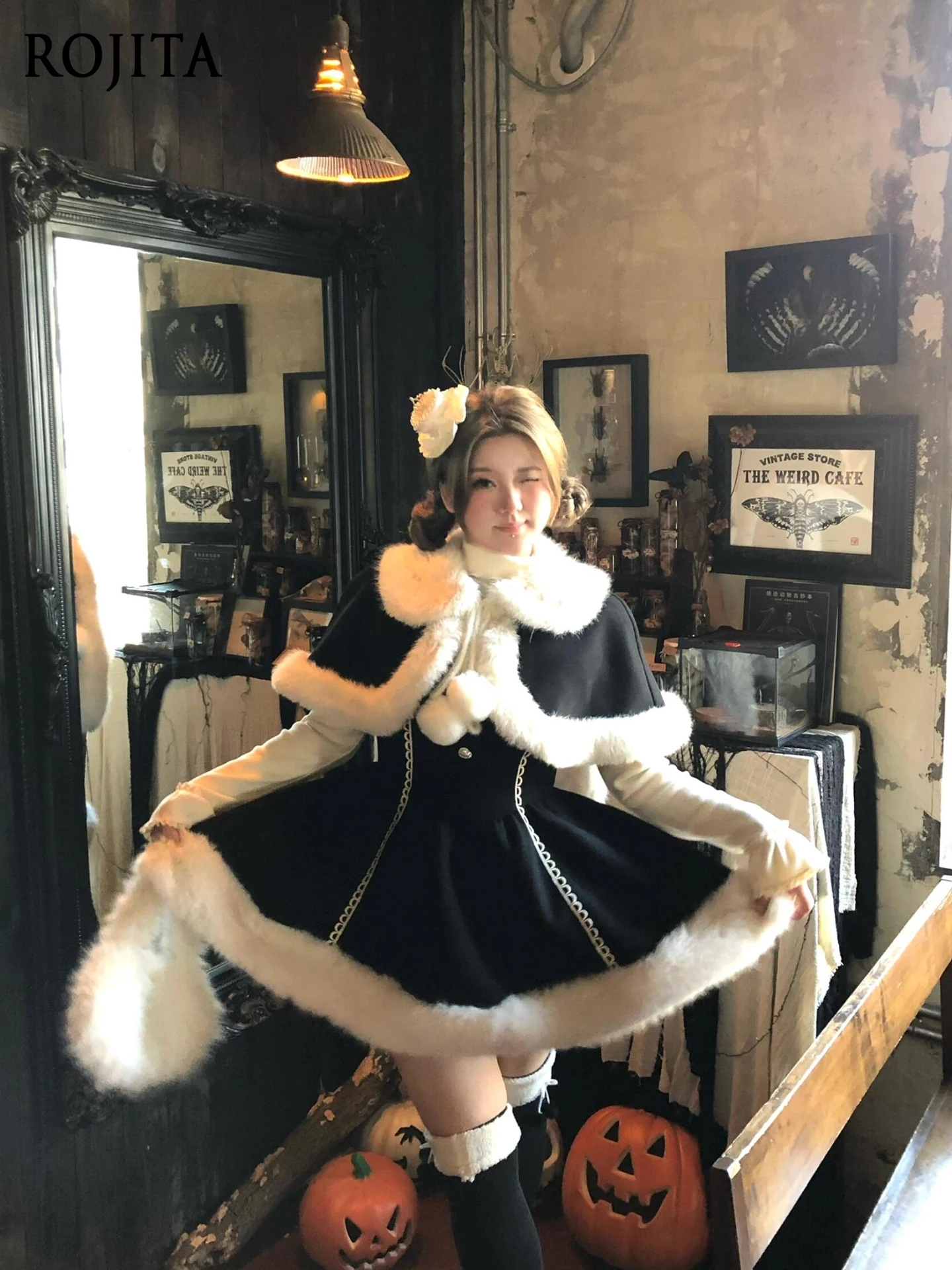 

Fluffy Cape and Woolen Dress Autumn Winter Thickened Plush Patchwork Christmas Cape + Short Dress + Base Shirt Three-Piece Set