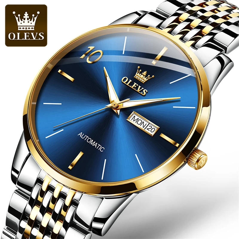 

OLEVS Brand Fashion Blue Mechanical Watches for Men Stainless Steel Waterproof Week Date Luxury Wristwatches Relogio Masculino