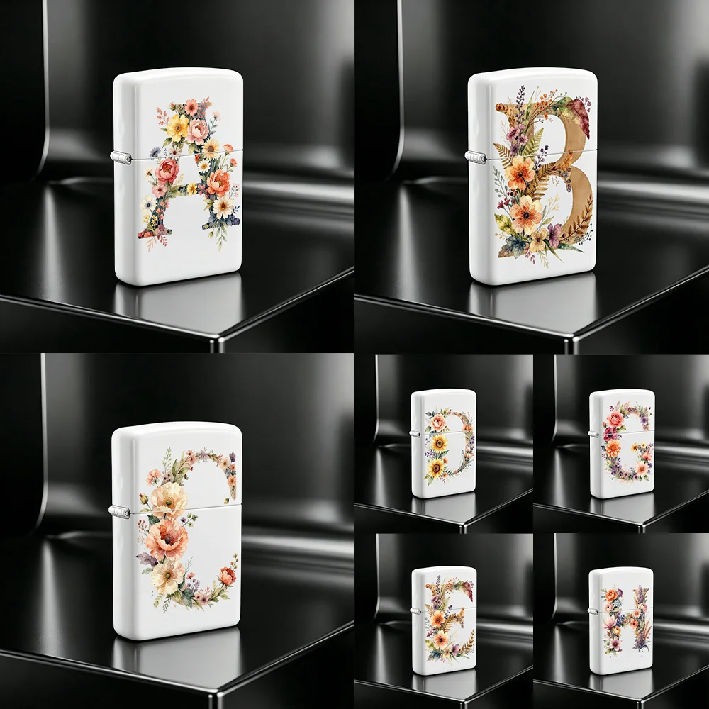 Bohemian-style wildflower-patterned A-Z white flip-top lighter, a vintage floral initial-decorated gift