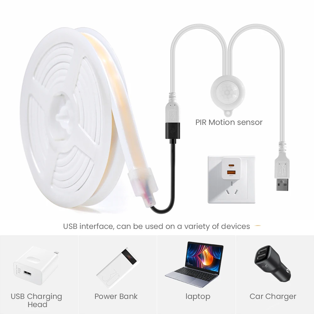 5V Smart PIR Motion Sensor COB Neon LED Strip Light Auto ON/OFF Remote Control 320led/m Waterproof Kitchen Stair Wardrobe Decor