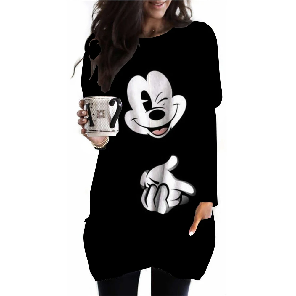 Women\'s Spring and Autumn New S-3XL Large T-shirt Solid Color Long Sleeve Loose Disney\'s Mickey Mouse Casual Harajuku Waist T-sh