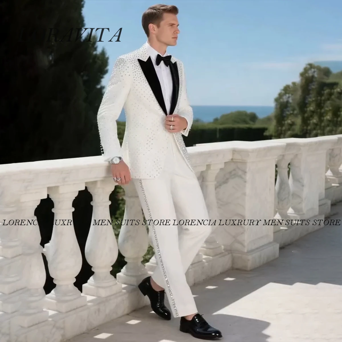 

Customized 2 Pieces Sparkly Diamond Tuxedos Beaded Men Suits Wedding Groom Tuxedos Slim Male Party Prom Blazers Formal Homme