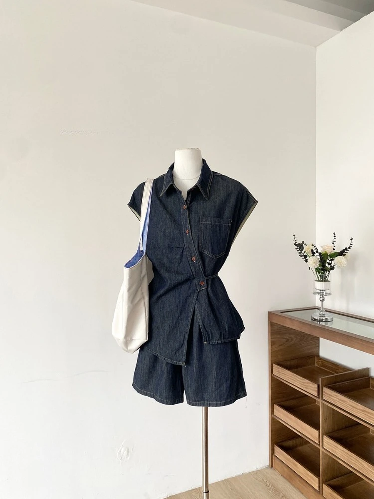 

Высококачественный джинсовый костюм в корейском стиле для женщин, лето 2022, новая модная рубашка нестандартной формы, широкие брюки с высокой талией, комплект из двух предметов