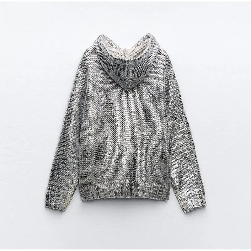 Silver Metal Color Ribbed Knitted Hooded Pullovers Long Sleeved Drawstring Hoodies Sweater Knitwear Sweatshirts Hoodies Jumpers