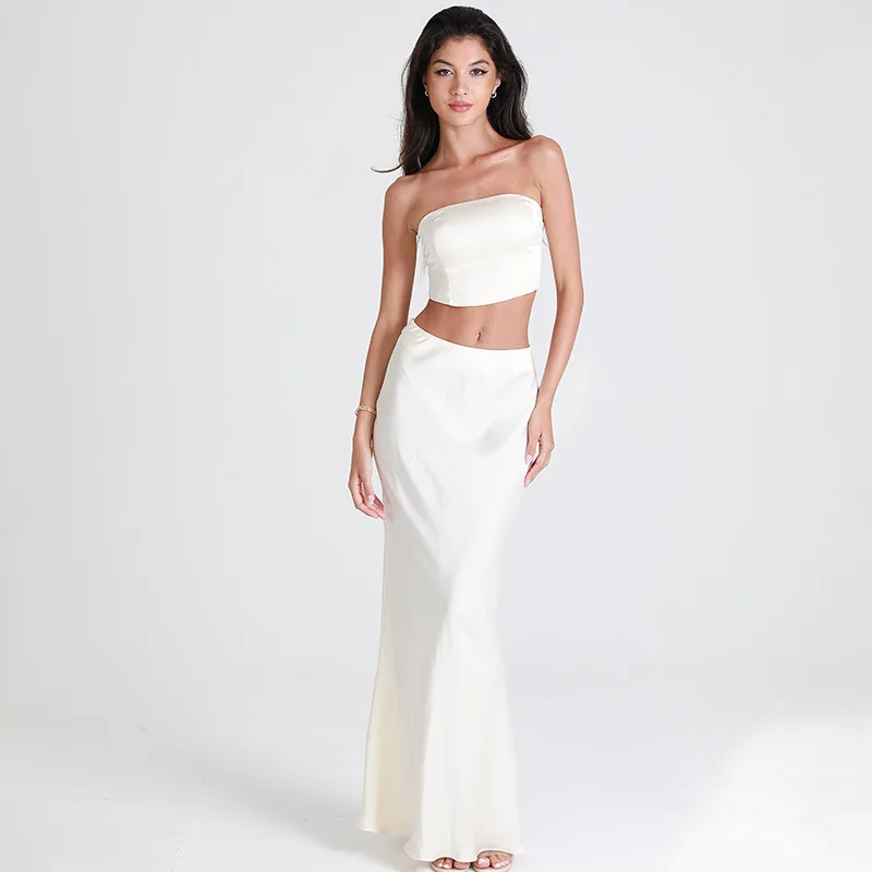 

2025 women's new solid color sleeveless tube top, hip-wrapped long skirt set Z135