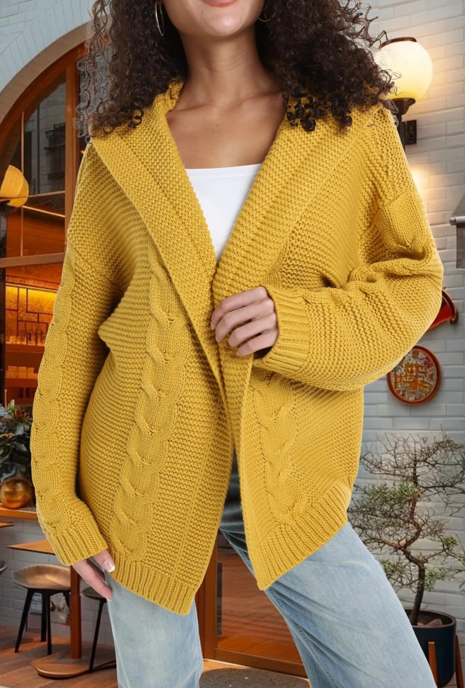 Women's Chunky Cable Knit Cardigan Sweater with Hood – Oversized Loose Long Sleeve Thick Outwear for Fall Winter