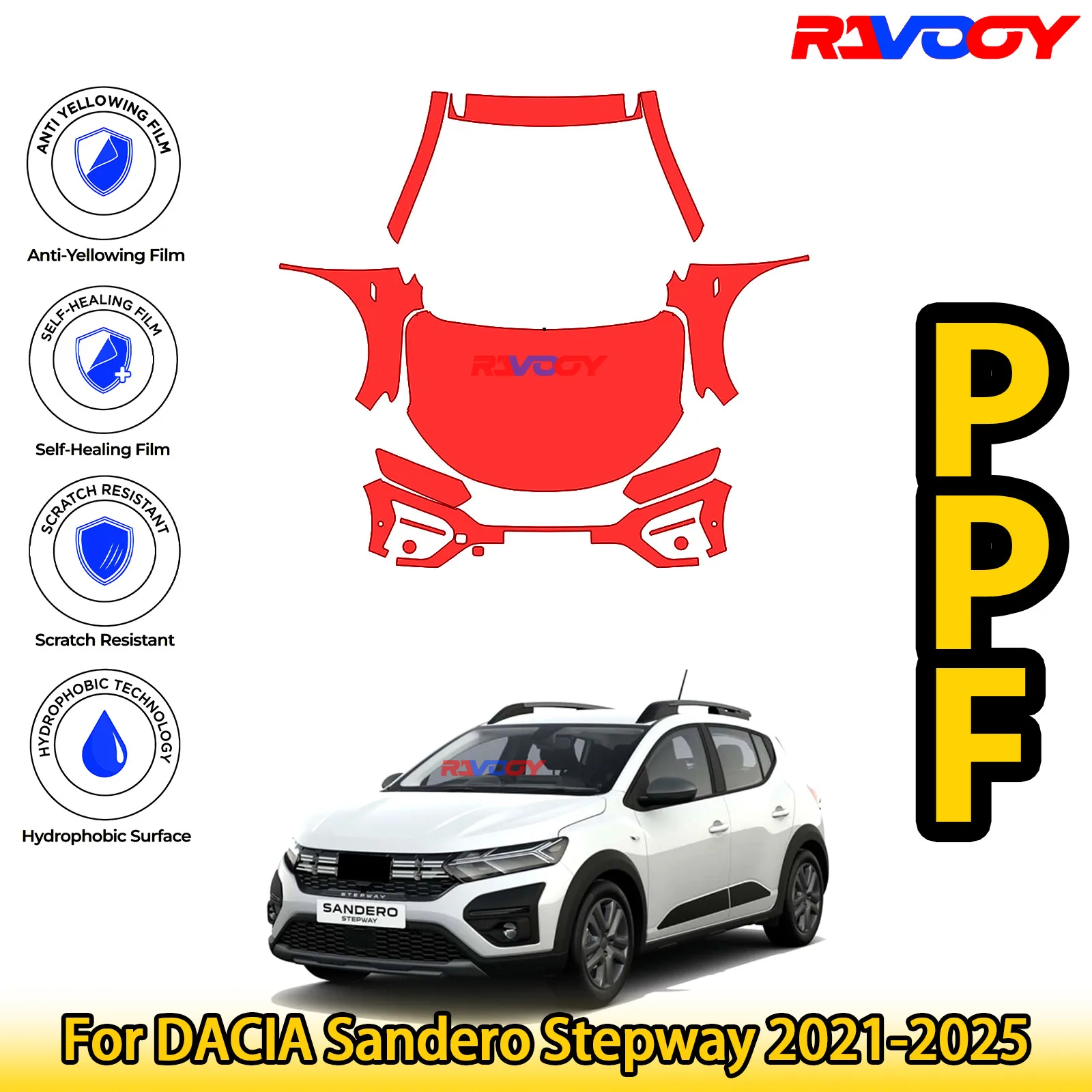 

Для DACIA Sandero Stepway 2021-2025 глянцевая матовая черная предварительно вырезанная передняя защитная пленка PPF комплект