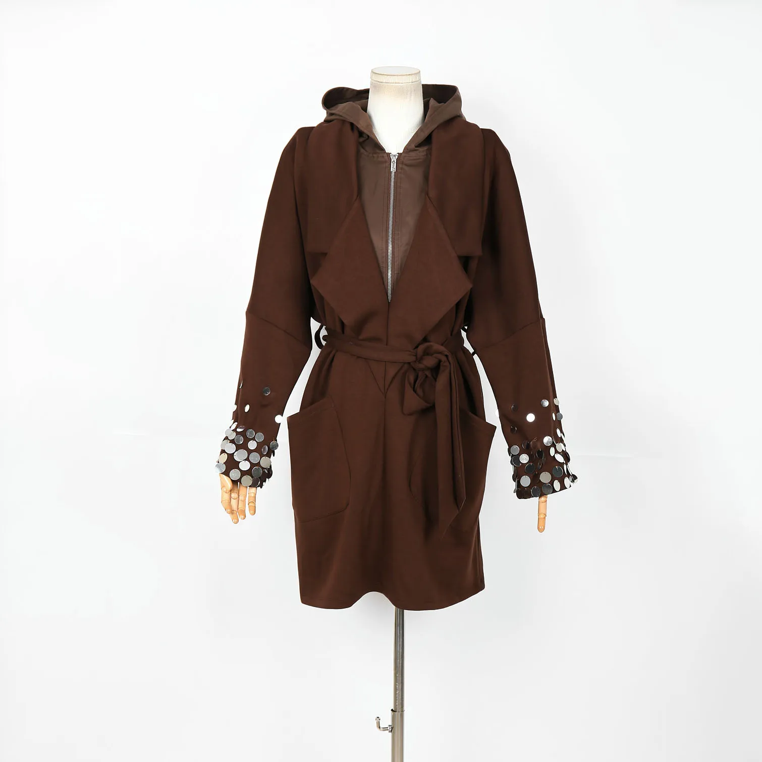 

2025 Women's Spring Brown Hooded Trench Coat with Sequined Cuffs Belted Waist Elegant Casual Long Outerwear Fashion Coat