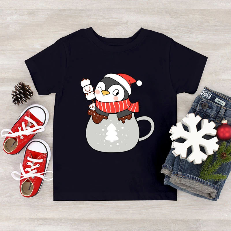 Christmas Short Sleeves T-Shirts Funny Cute Penguin Print Kids Clothes Personality Fashion New Year Xmas Party Boy Girl Tshirt