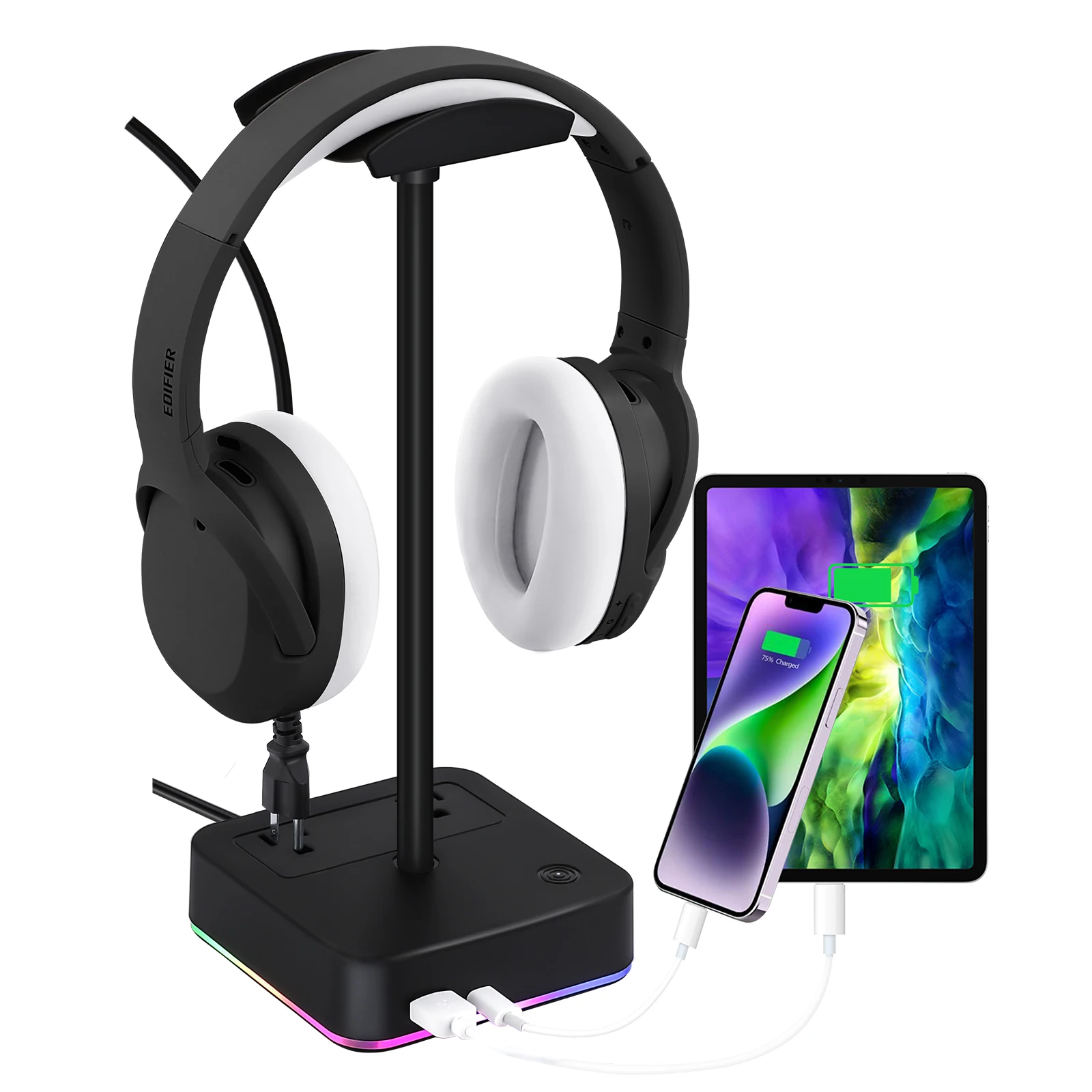 

RGB Headphone Stand with 2 USB Charging Ports and 2 AC Outlets,9 Light Modes,Suitable for Desktop Table,PC,Gamer Accessories