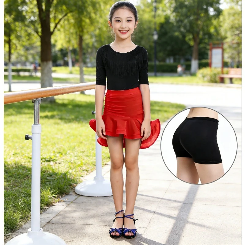 

2026 New Girls Latin Dance Skirt Ballroom Salsa Cha Cha Competition Costume Kids Practice Dancewear Set With Underpants
