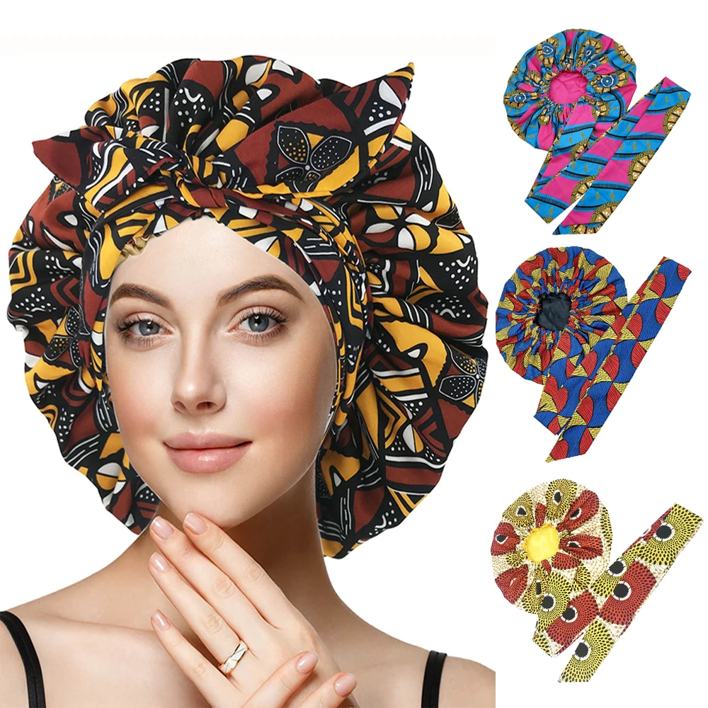 Large Size African Print Satin Bonnet with Long Ribbon Wrap Double Layer Headwrap Ankara Pattern Women Hair Cover Hair Wrap Cap