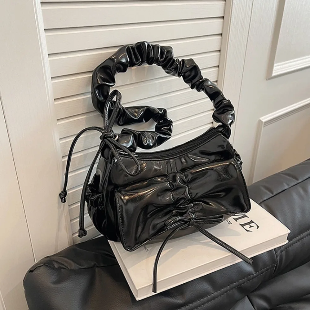 

French Style Bowknot Shoulder Bag Pu Leather Korean Style Pleated Drawstring Bag Ruched Solid Color Crossbody Bag Outdoor