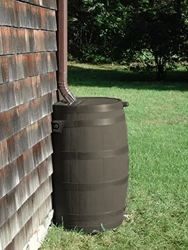 50-Gallon Rain Barrel with Brass Spigot, Flat Back Rain Water Collection Barrel, Walnut Color