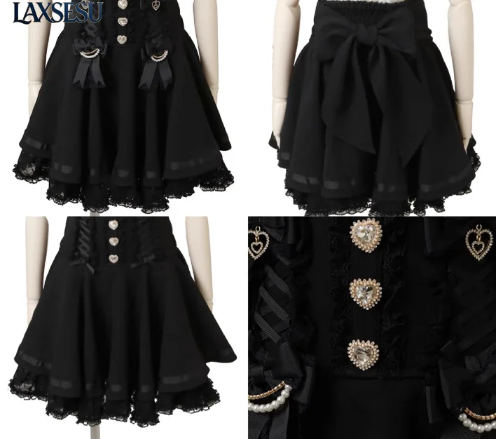 Japanese 2026 Summer New Lolita Sweet and Cute Girl's Casual Skirt Lace Bow Detachable Waist Slimming Liz Skirt for Women