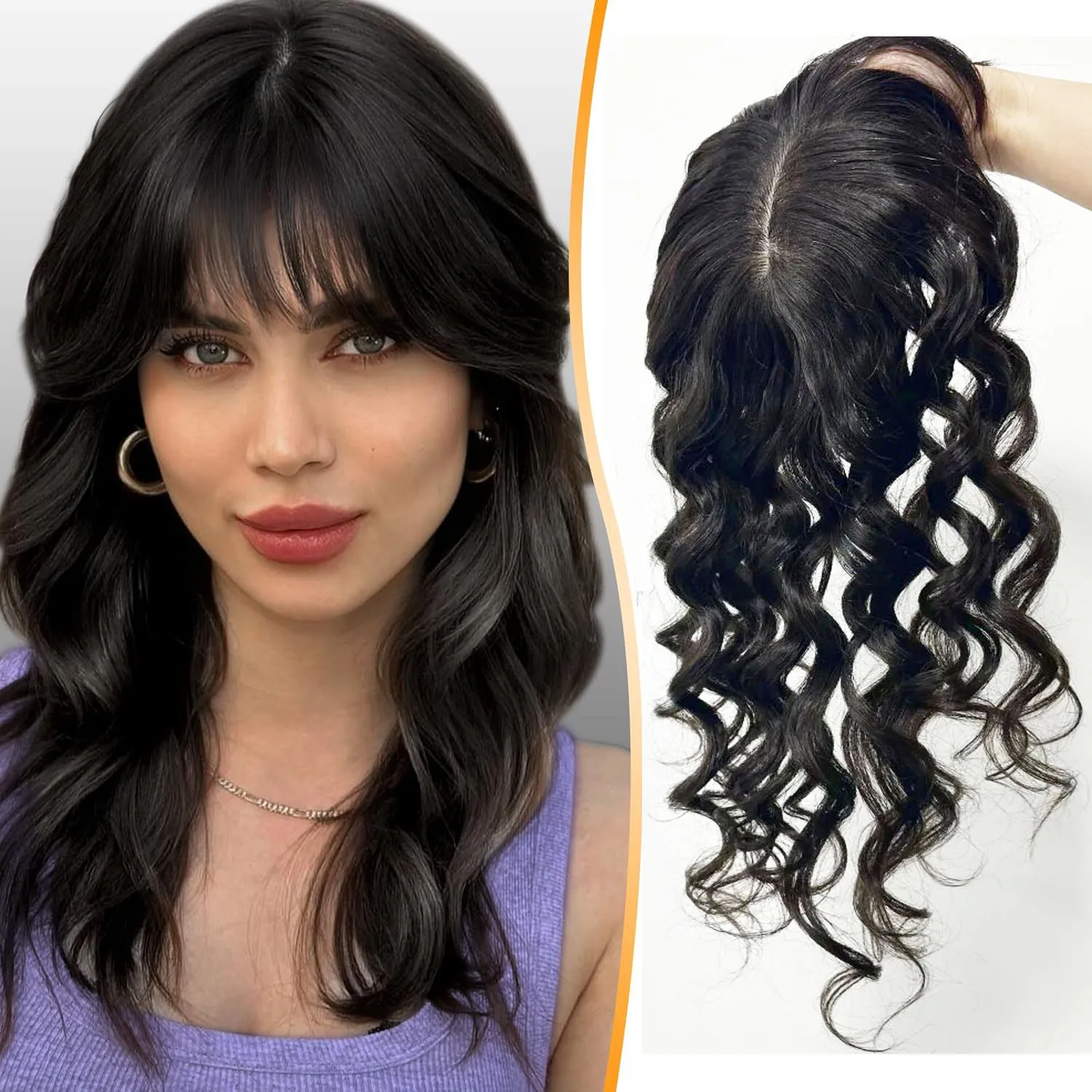 15x16cm Virgin European Human Hair Topper Hair Piece Clips in Loose Wave Silk Top Base Topper with Bangs for Thinning Hair Women