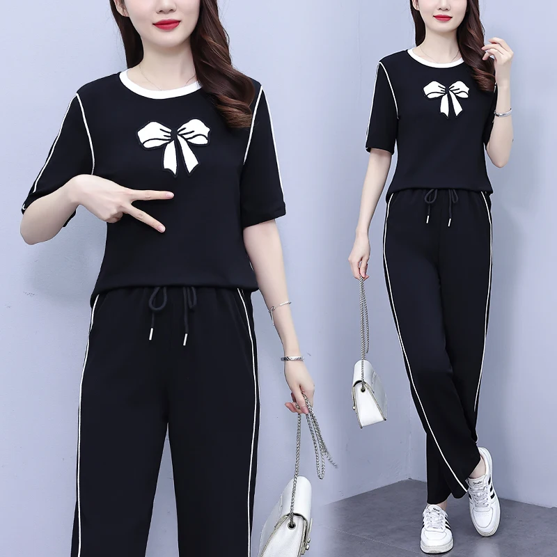 Summer Plus Size Two Piece Set For Women Casual Bow Round Neck Short Sleeve Tops And Wide Leg Pants Cotton Black Outwear Clothes