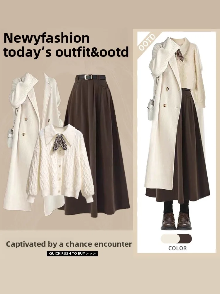 

Korean Style Autumn Winter Fashion Outerwear Knitted Sweater Slimming Skirt Three Piece Set Long Sleeve Collar Polyester...