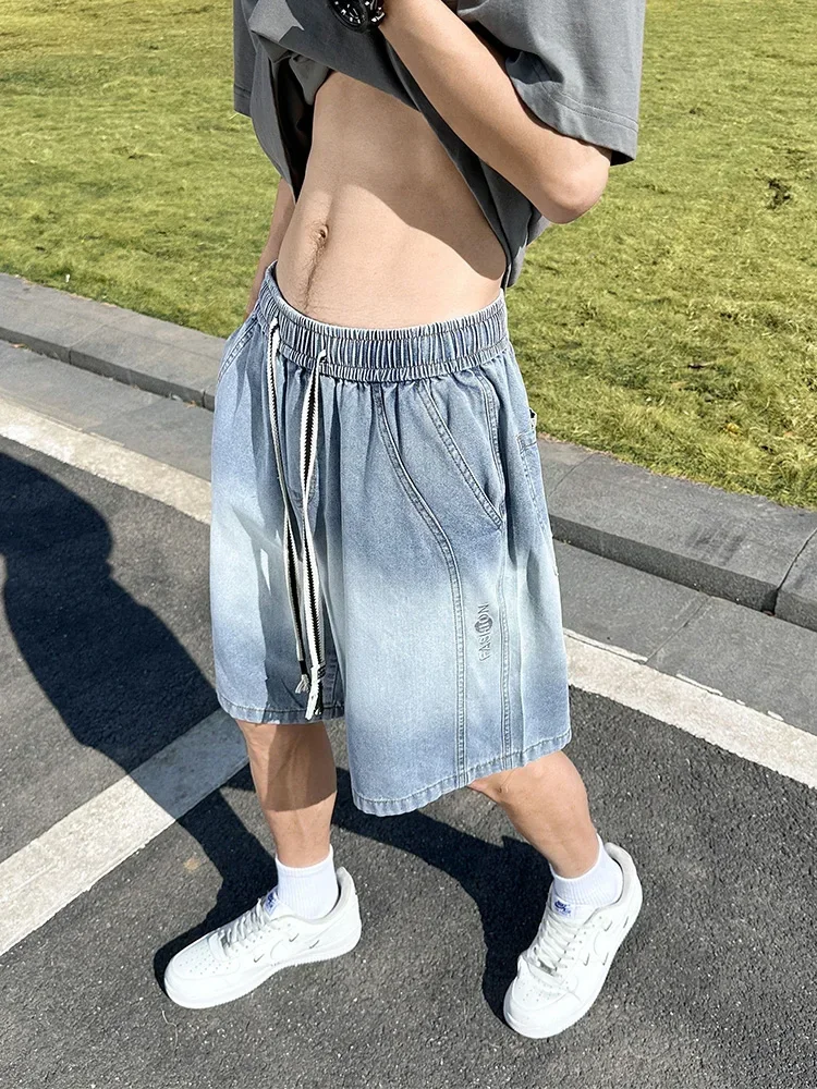 LIBIELIY 2024 Summer Denim Shorts Men Large Size Gradient Color Washed Cotton Baggy Jean Shorts Drawstring Streetwear Y2K Shor