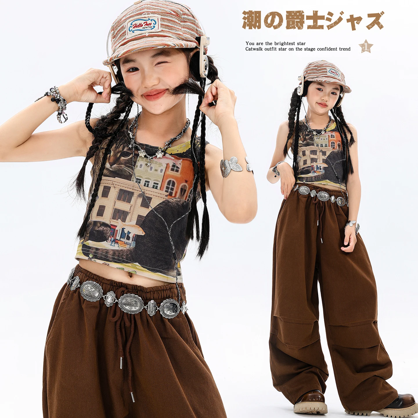 Mädchen Hip Hop Crop Tops Braune Jeans Kinder K-Pop Kleidung Stufenröcke Street Dance Kleidung Sets Kinder Mädchen Gruppe Kostüme