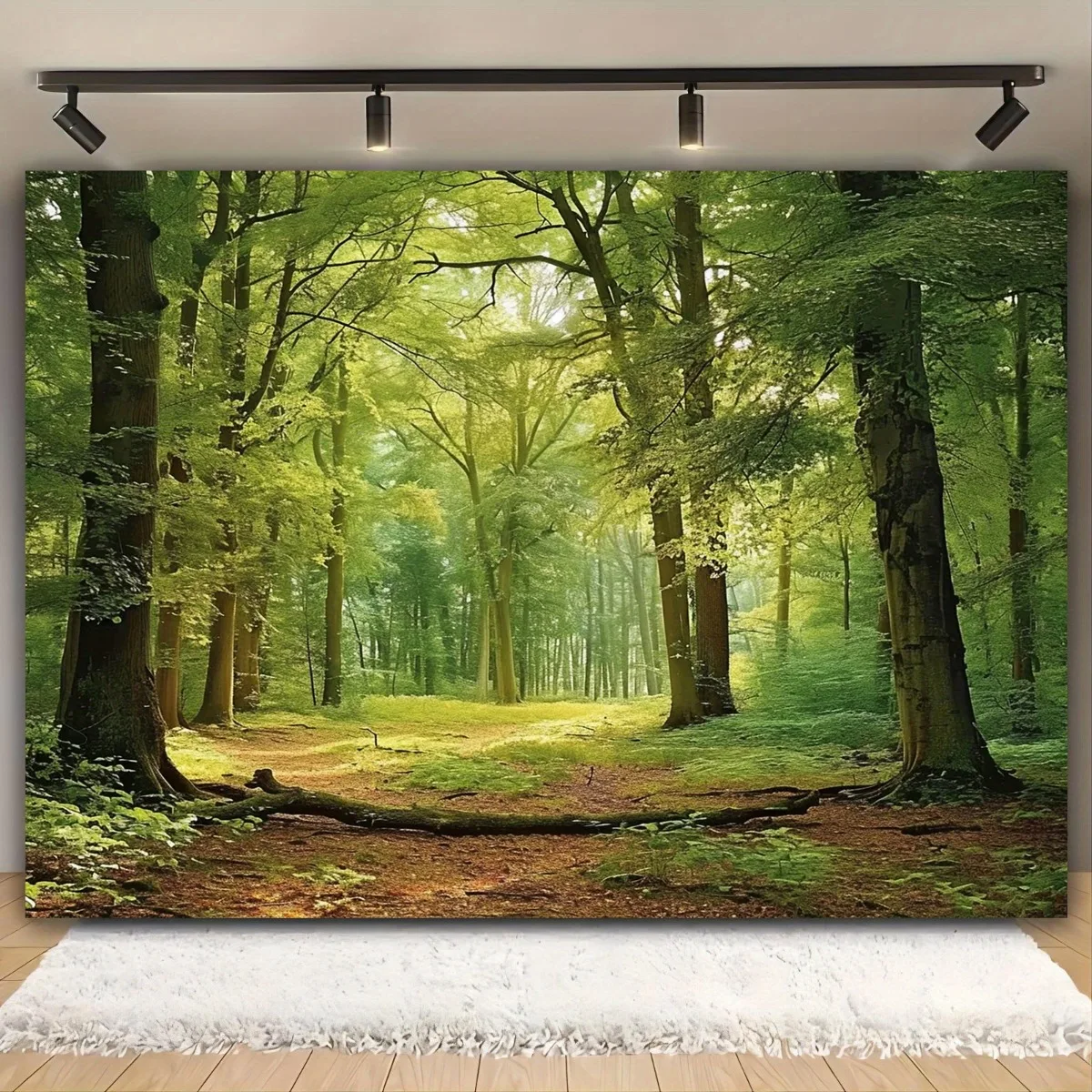 Realistischer grüner Wald-Fotohintergrund mit Sonnenlicht beim Baden der Bäume – geeignet für Hochzeiten, Geburtstage und Campingpartys