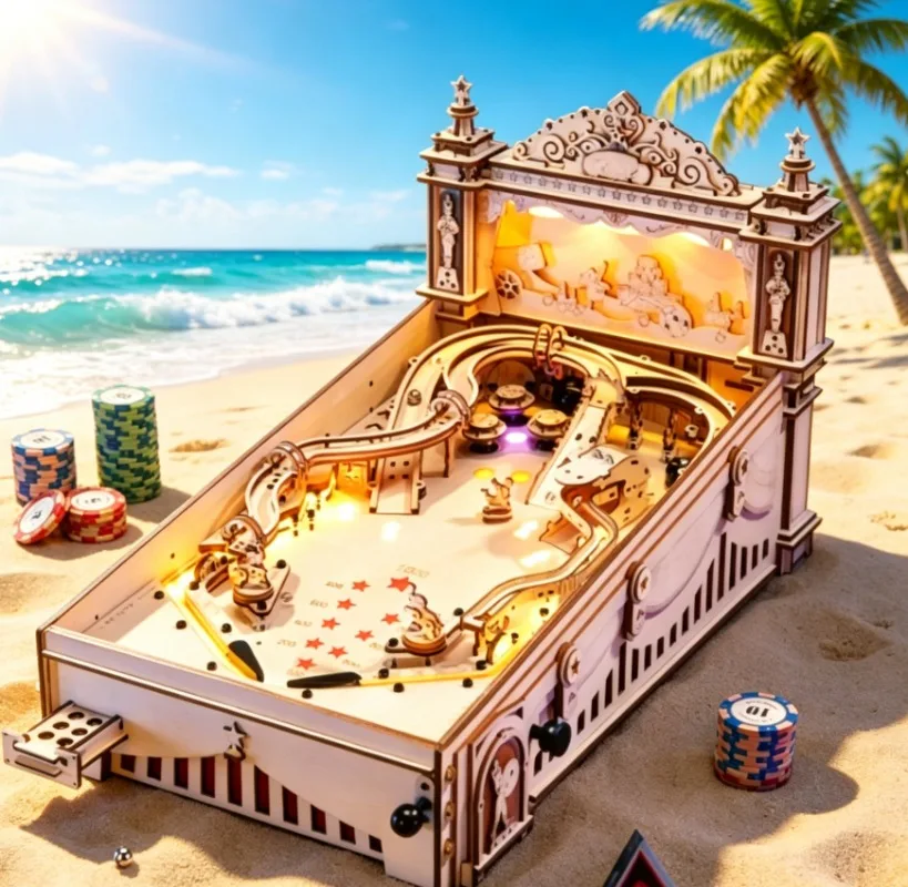 3D Pinball Machine Wooden Puzzle 482pcs Mechanical Model Kit for Adults Teens EG01