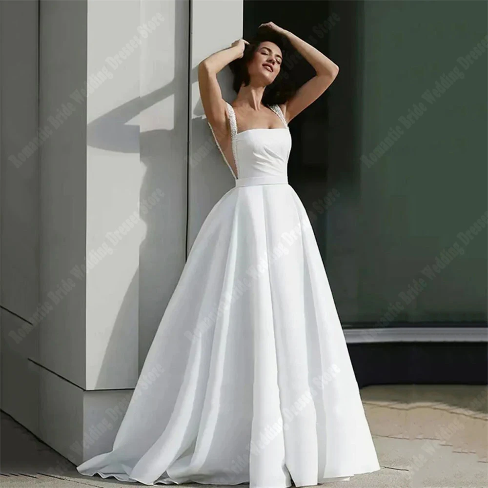 

Elegant Satin A-Line Women Wedding Dresses Vintage Sleeveless Bridal Gowns Smooth Satin Surface Beach Banquet Vestidos De Novias