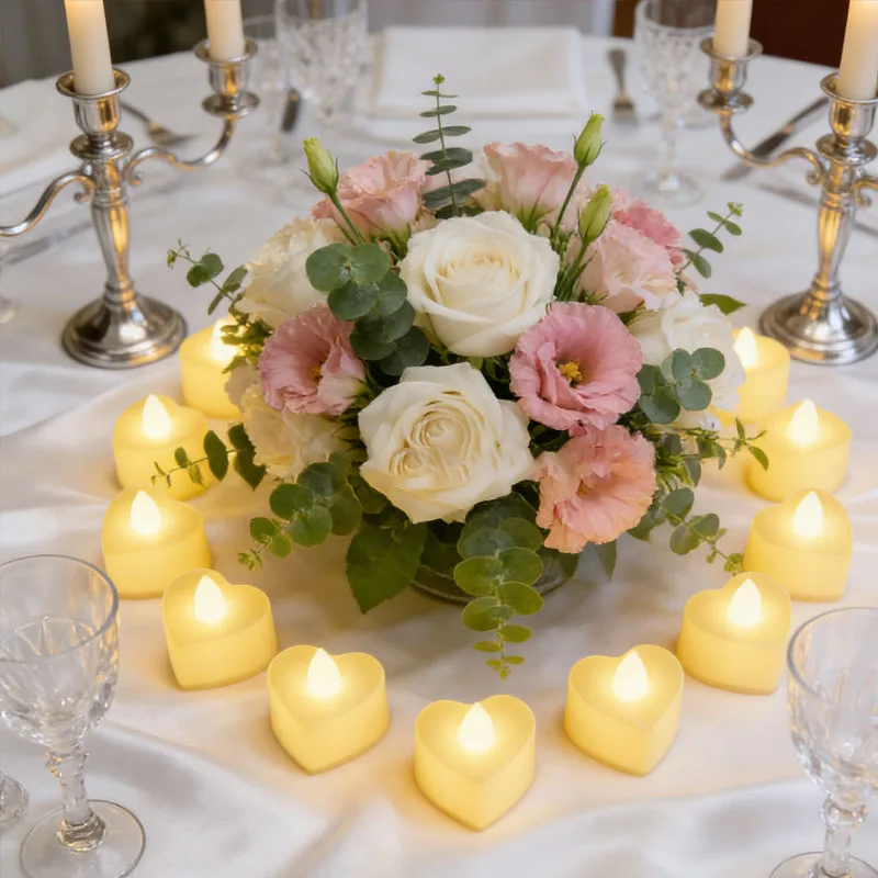 

12pcs Heart-Shaped Led Lamps Smokeless Flameless Tea Light For Scene Decoration Table Floor Window Adornment Led Candles