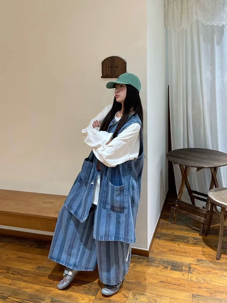 

Ретро-комплект из джинсовой жилетки в полоску и широких брюк для женщин: новая весенняя рабочая одежда, дышащий хлопковый комплект из двух предметов